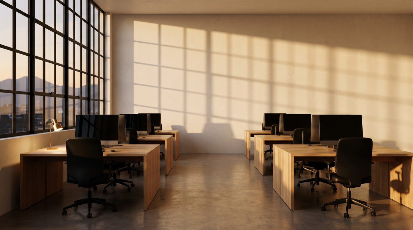 Levar's office in Scottsdale: desks, monitors and a wall of afternoon light.