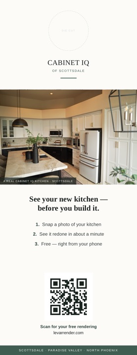 The door hanger: Cabinet IQ of Scottsdale, a real kitchen, three steps and a QR code.