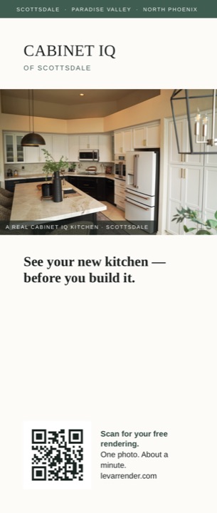 The trifold's cover panel: Cabinet IQ of Scottsdale, a real kitchen, and a QR code to the render tool.
